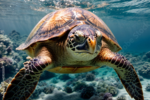 Elegance Sea Turtle Swimming Undersea