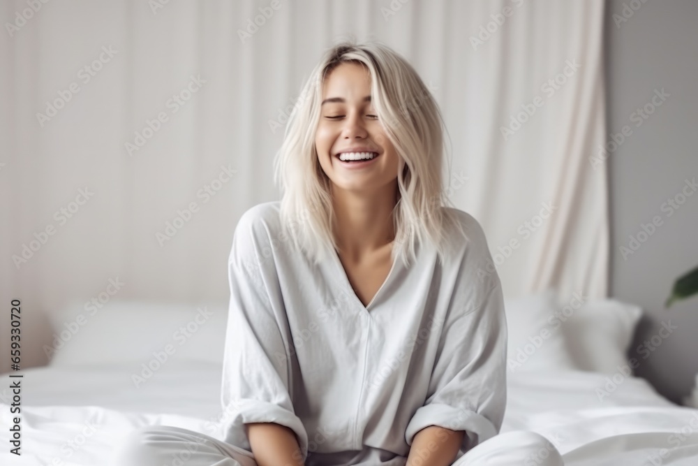Woman stretching in bed after wake up, AI Generated - obrazy, fototapety, plakaty 