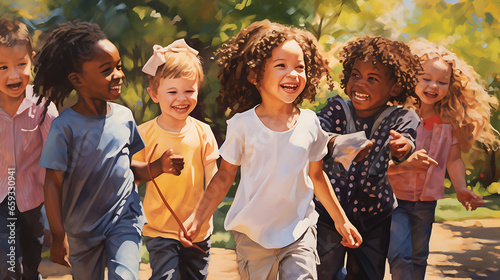 image of children of different races playing together in a park, sharing laughter and joy, exemplifying the innocence and natural harmony that transcends racial differences photo