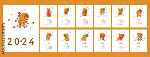 Cute capybara calendar 2024. Vector illustration. Vertical holiday printable planner organizer. Cover and 12 month pages English. Week from Sunday. Cartoon capibara character mascot .