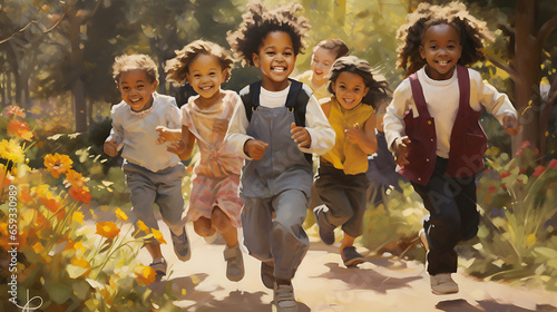 image of children of different races playing together in a park, sharing laughter and joy, exemplifying the innocence and natural harmony that transcends racial differences