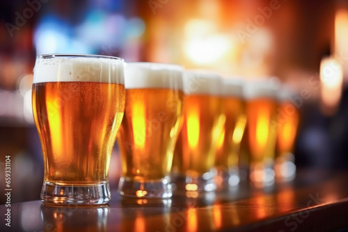 Close up of draft beer glasses on the bar stand in a row. background of the blurred bar or restaurant bokeh lights. Lifestyle concept of vacation and dining.