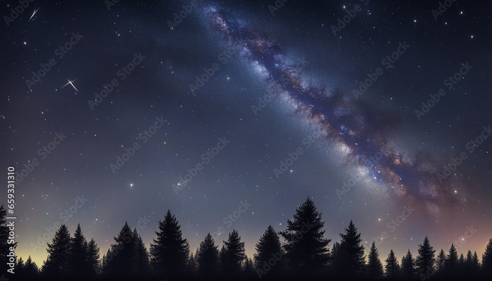 Abstract time lapse night sky with shooting stars over forest landscape. Milky way glowing lights background