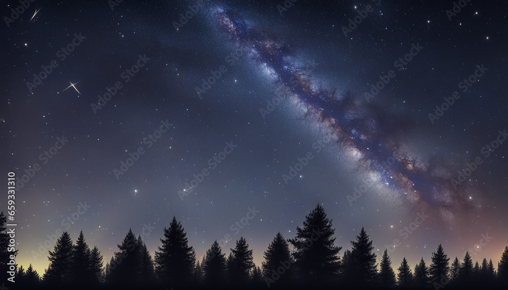 Abstract time lapse night sky with shooting stars over forest landscape. Milky way glowing lights background Abstract time lapse night sky with shooting stars over forest landscape. Milky way glowing lights background