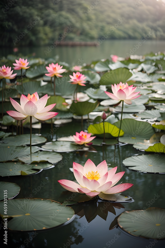 A pond with blooming water lilies and lotuses A pond with blooming water lilies and lotuses