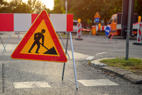 Photos Road work traffic sign, highway maintenance construction site