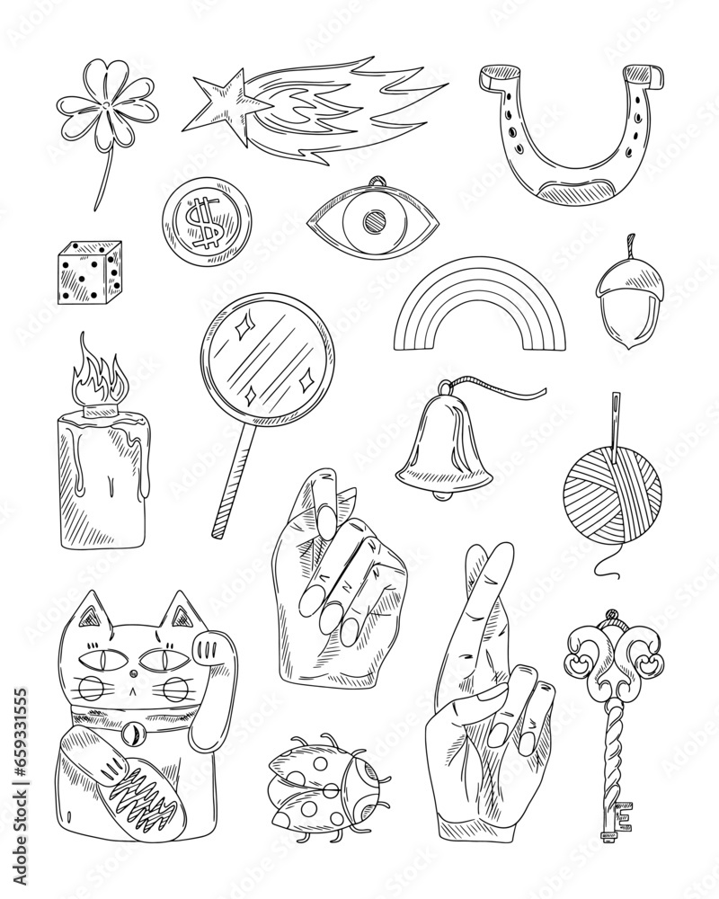 Sketch vector good luck symbol, fortune, success, prosperity concept. Maneki Neko, horseshoe, clover, acorn, evil eye, star, dice, fig, key, mushroom, ladybug, talisman, amulet.