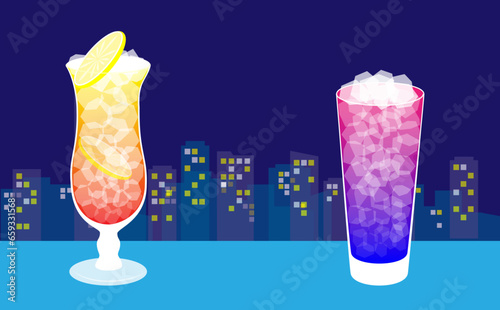 Toast with a cocktail with the night view in the background
