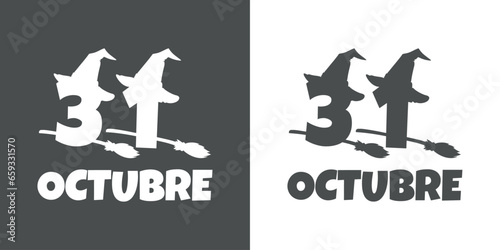 Logo con número 31 con silueta de sombrero de bruja volando en escoba y letras palabra octubre en español para su uso en invitaciones y tarjetas de Halloween