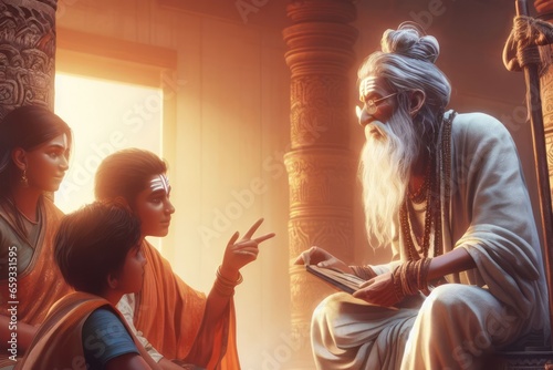 an old Hindu rishi or sadhu educating young people in ancient India photo