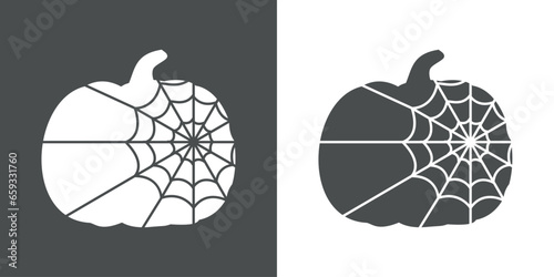 Logo con silueta de calabaza con tela de araña para su uso en invitaciones y tarjetas de Halloween