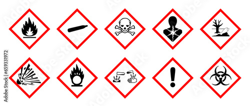 Globally Harmonized System (GHS) Warning Signs.  Flame, gas cylinder, skull and cross bones, health hazards, environment, explosion, oxidizers, corrosion, exclamation mark, radioactive photo