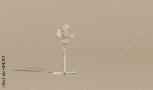 Simple fan or ventilator on floor. Home climate equipment. Air cooling fan on pastel background. Home appliances and tools concept. 3d render illustration. 