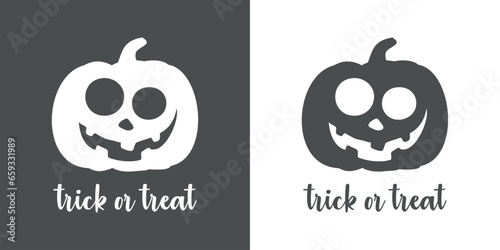 Logo con texto manuscrito trick or treat con silueta de calabaza de Halloween para su uso en invitaciones y tarjetas 