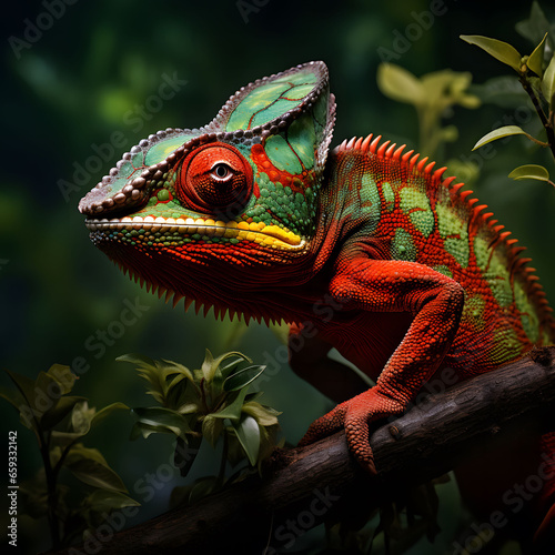 red chameleon with green on a branch © VALTER