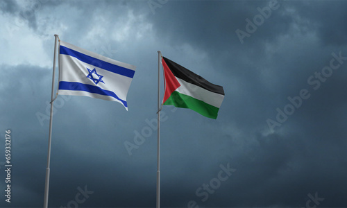 Isarael palestine flag waving cloudy rain background war military conflict religion culture muslim country national islam government history middle east negotiation peace gaza crisis business army 