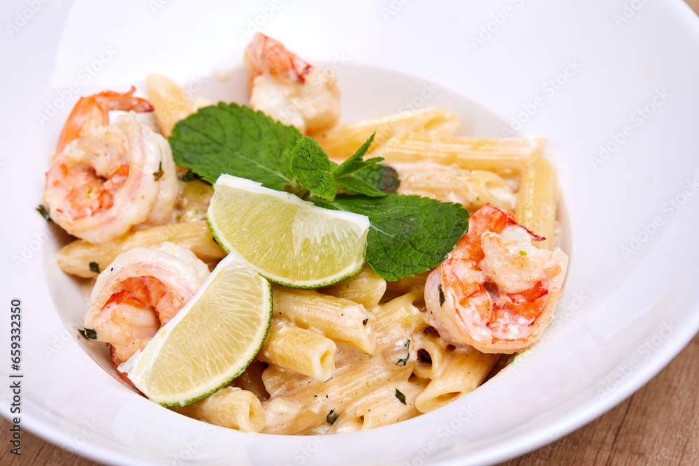 pasta with shrimps in white plate pasta with shrimps in white plate