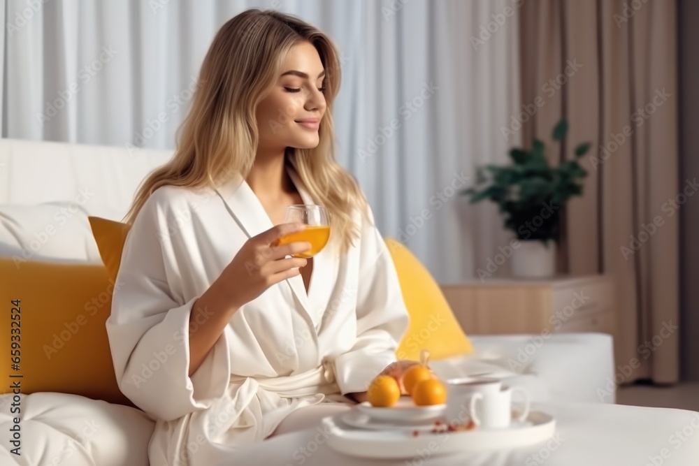 Woman eating breakfast in the hotel room. AI Generated