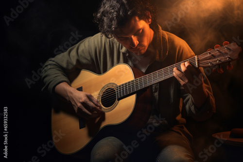 photo of man He skillfully played a haunting melody on his acoustic guitar