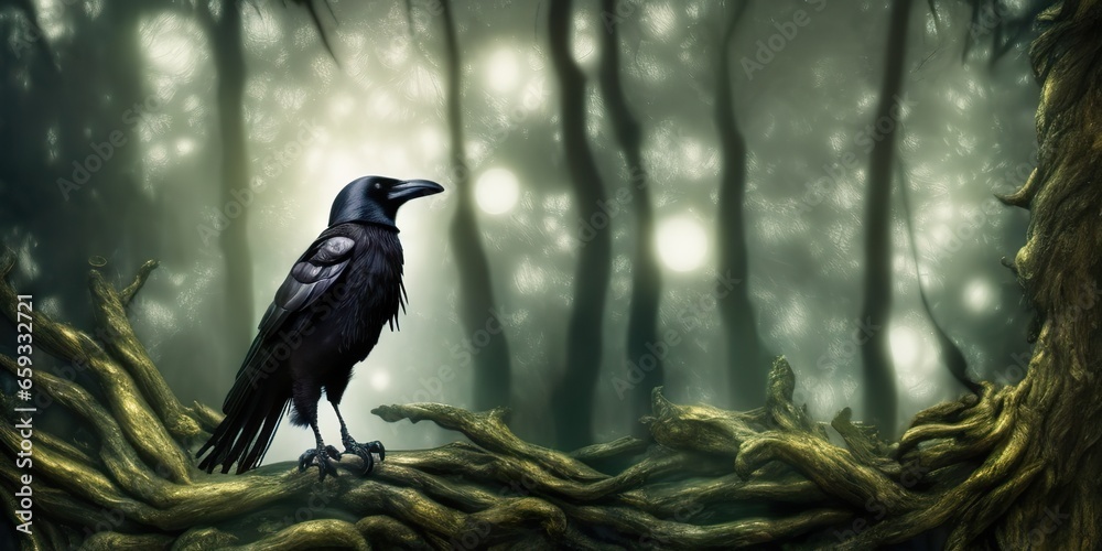 Banner Creepy black crow croaking in misty dark forest on full moon night. Raven on branches in a moonlit night Banner Creepy black crow croaking in misty dark forest on full moon night. Raven on branches in a moonlit night