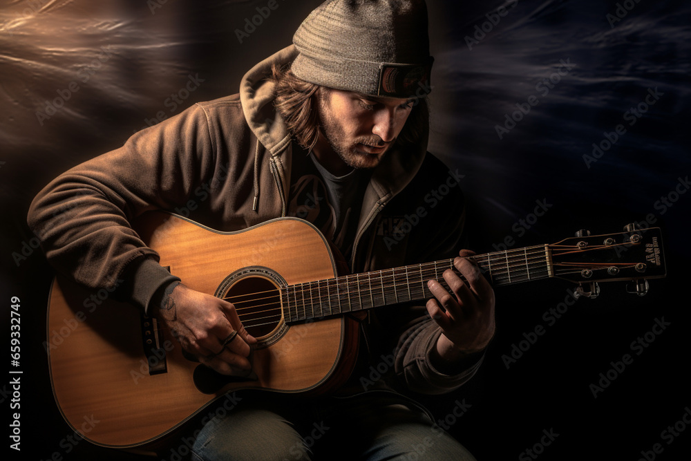 Fototapeta premium photo of man He skillfully played a haunting melody on his acoustic guitar