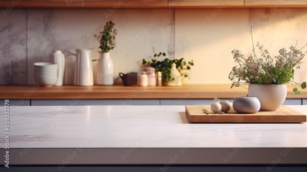 close up of a professionell kitchen counters with blur kitchen cupboards in the back, minimalist sets, mock-up with empty copy space close up of a professionell kitchen counters with blur kitchen cupboards in the back, minimalist sets, mock-up with empty copy space