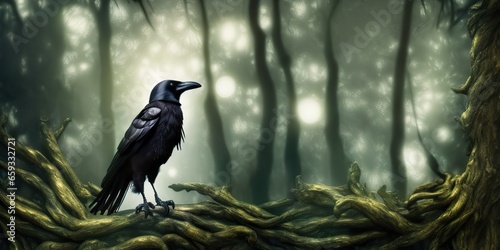 Banner Creepy black crow croaking in misty dark forest on full moon night. Raven on branches in a moonlit night