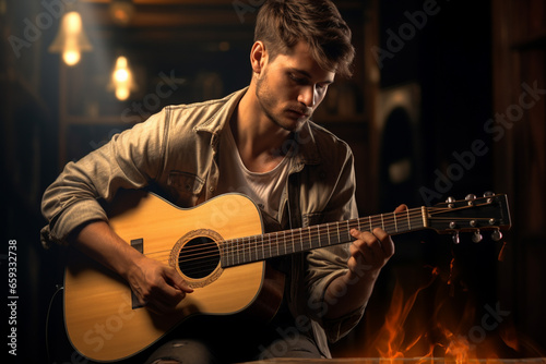 photo of man He skillfully played a haunting melody on his acoustic guitar