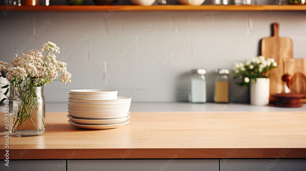 close up of a professionell kitchen counters with blur kitchen cupboards in the back, minimalist sets, mock-up with empty copy space close up of a professionell kitchen counters with blur kitchen cupboards in the back, minimalist sets, mock-up with empty copy space