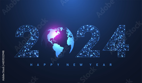 Modern futuristic technology template banner or cover for Merry Christmas and Happy New Year 2024 with connected lines and dots. Plexus geometric effect. Global network connection. Vector illustration