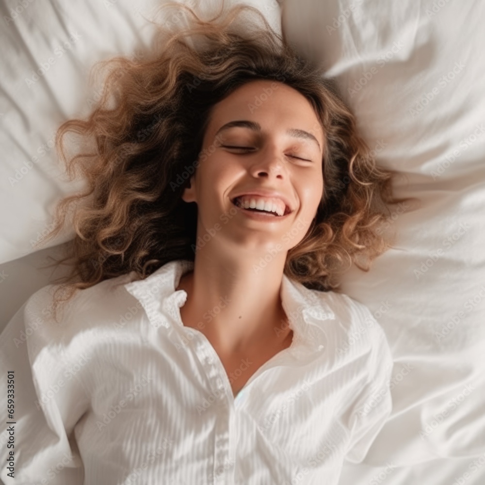 Woman stretching in bed after wake up, AI Generated