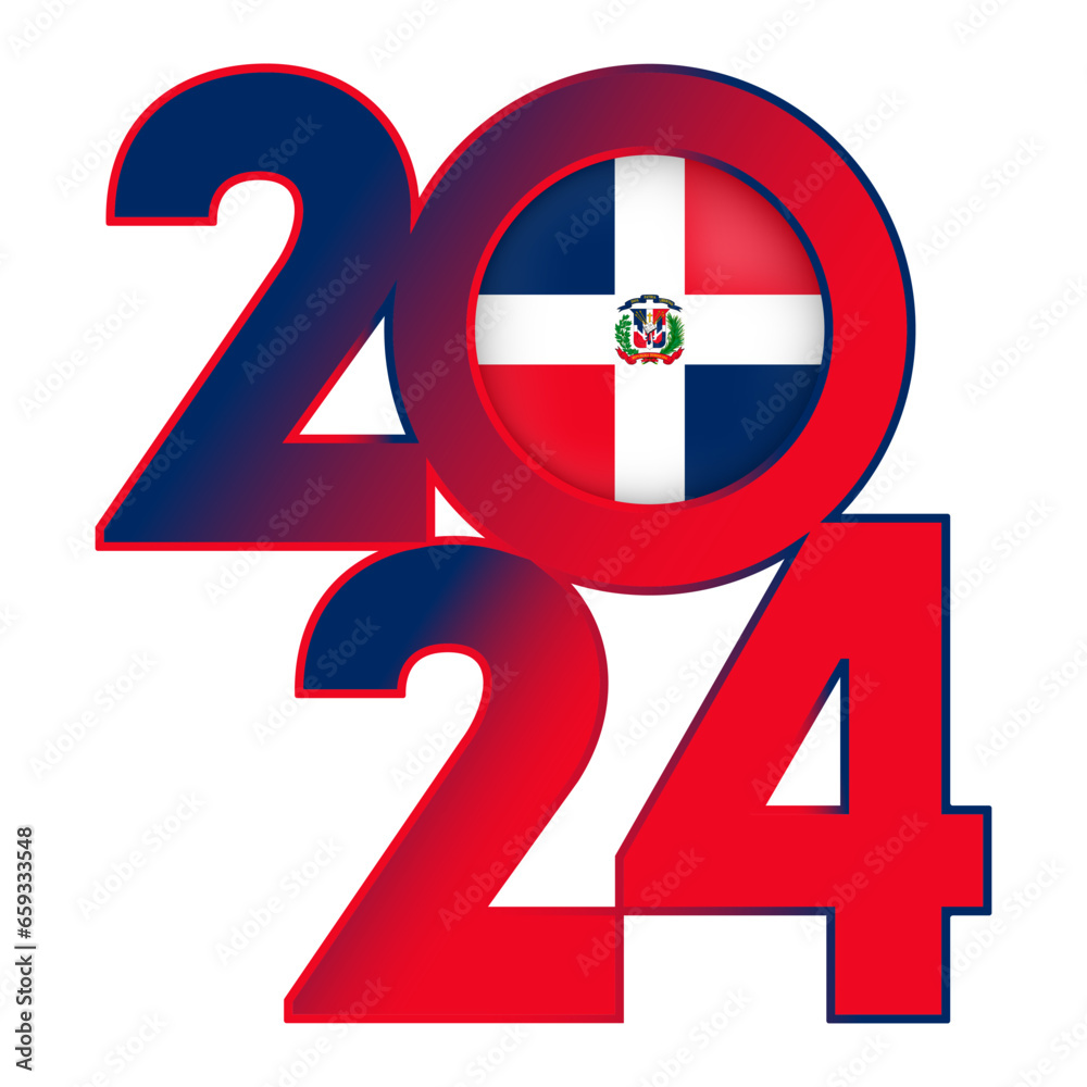 Happy New Year 2024 banner with Dominican Republic flag inside. Vector illustration.