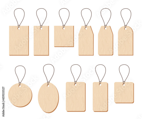 Set of Wood paper price tag labels with cord vector illustration