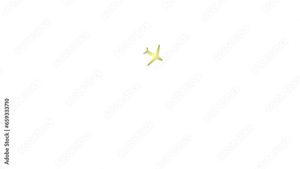 Animated golden plane flies along a trajectory. Concept airplane travel, trip, journey, tour. Looped video. Vector illustration isolated on white background. Animated golden plane flies along a trajectory. Concept airplane travel, trip, journey, tour. Looped video. Vector illustration isolated on white background.