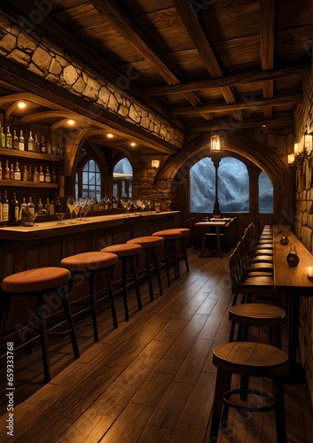 Interior of a wooden tavern