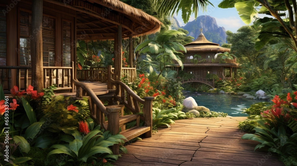 Fototapeta premium Tropical Garden backyard during the day with wooden cabin