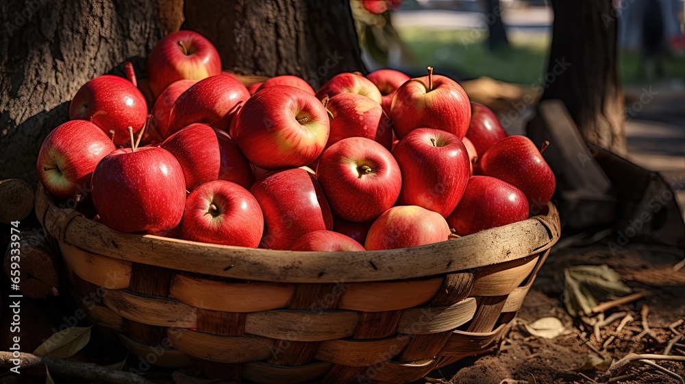 Red apples at an outdoor market in a wooden basket Red apples at an outdoor market in a wooden basket