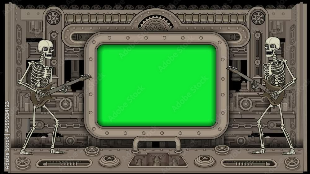 artoon skeleton with guitar with chroma key, animation Mechanical Texture, dieselpunk artoon skeleton with guitar with chroma key, animation Mechanical Texture, dieselpunk