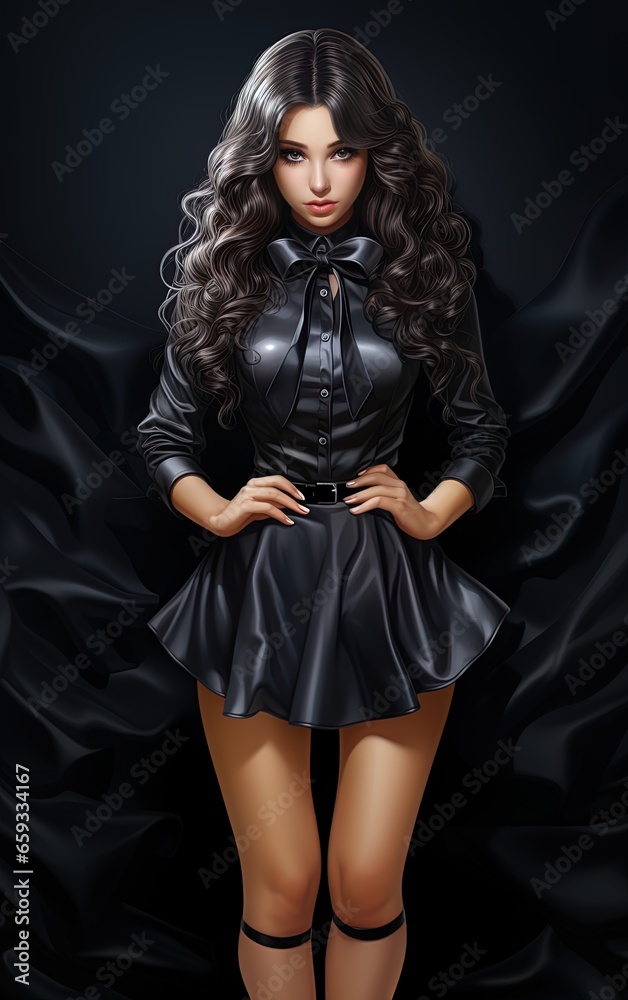 fashionista with a stunning black satin mini dress - the epitome of elegance and sexiness. 
