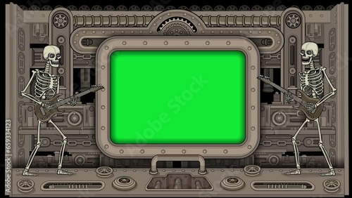artoon skeleton with guitar with chroma key, animation Mechanical Texture, dieselpunk