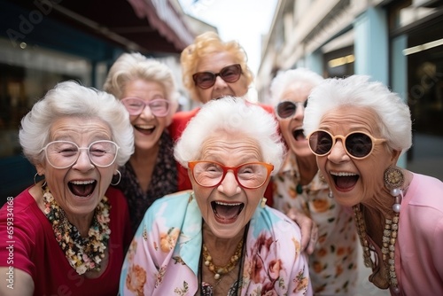 A group of senior women smiling at camera and taking selfie outdoors