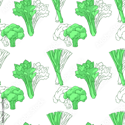 seamless green background with vegetables, vector illustration. pattern with broccoli and greenery 