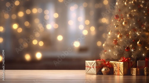 Christmas home room with tree and festive bokeh lighting, blurred holiday background