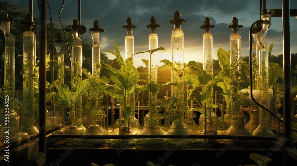Biotechnology and laboratory research on organic plant cultivation. - obrazy, fototapety, plakaty 