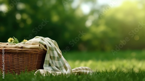 Fototapeta Naklejka Na Ścianę i Meble -  Picnic basket with blanket on green lawn in garden, space for text. Banner design