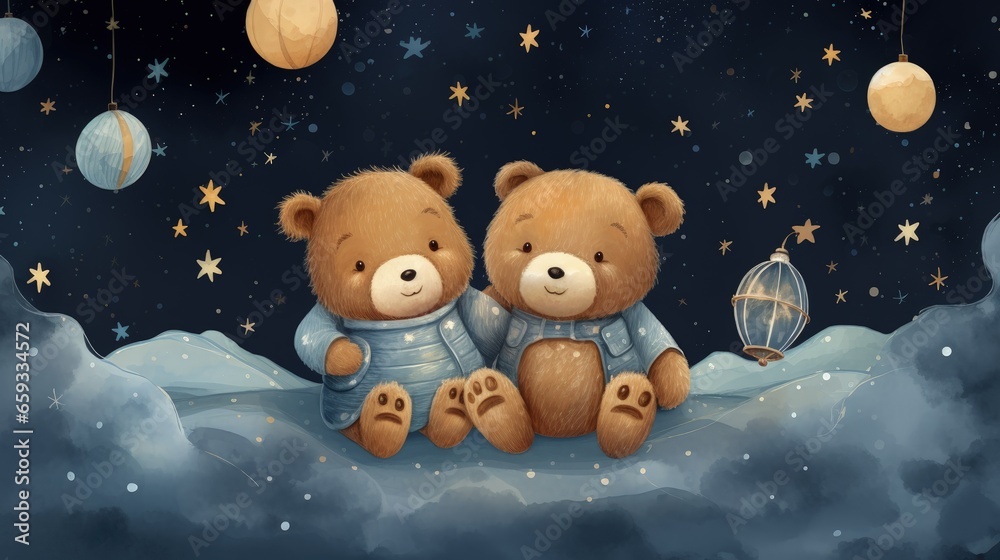 Cute bunny and bear are dreaming about space. Space adventure. Beautiful pattern for a child's room. Dark background. Cute bunny and bear are dreaming about space. Space adventure. Beautiful pattern for a child's room. Dark background.