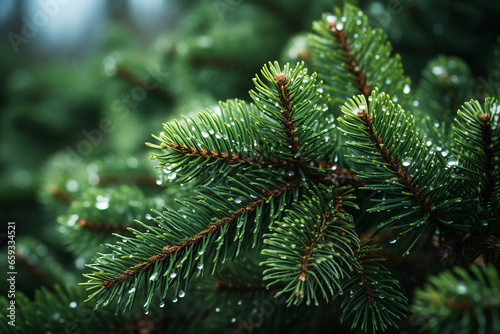Closeup Image of Fir Tree Branch with Water Droplets in Bright Day AI Generative