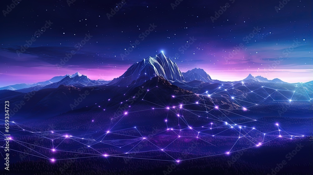 Mountain landscape with digital line network. Internet connecting world together. Cyber punk color and futuristic concept. Banner size background with copy space.