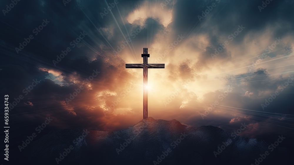 Cross against the sky . Dramatic nature background . Light from sky . Religion background .