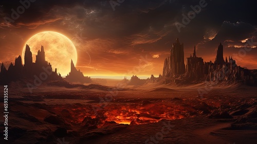 Alien desert world with ruins in the background and a close moon with heavy clouds and rich atmosphere and 3d rendering